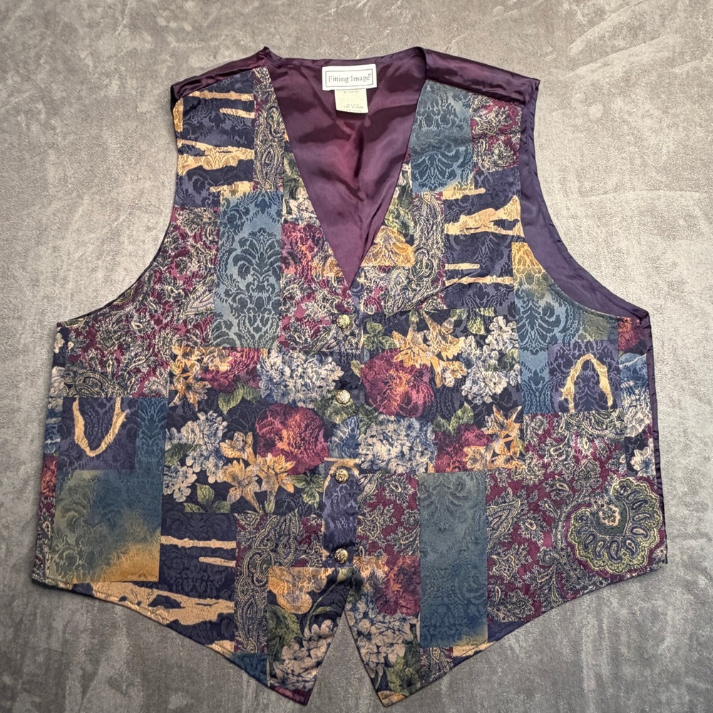 VTG Fitting Image Tapestry Vest 18/20 Purple Patchwork Floral Vintage 90s USA